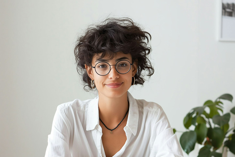 A person smiling at a desk in a bright room.