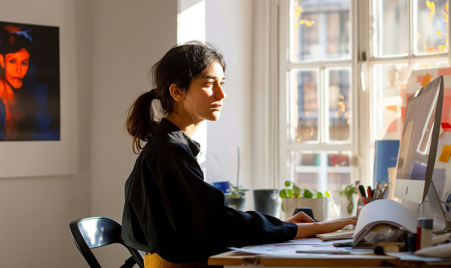 A person sitting at a desk in warm window light.